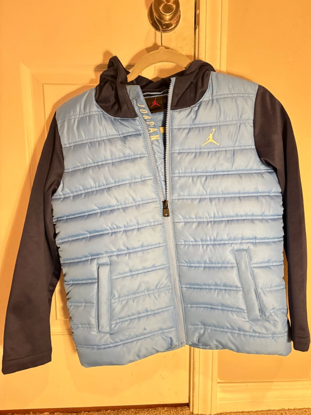 Jordan Light Blue Quilted Puffer Jacket with Navy Sleeves